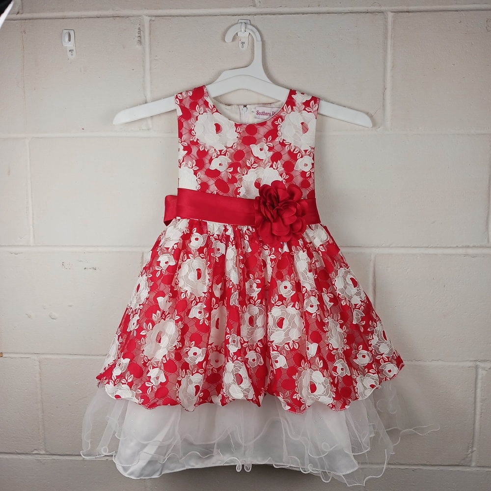 Southern Diva Girls Formal Sleeveless Floral Dress Size 4 Red/ White Full‎ Skirt
